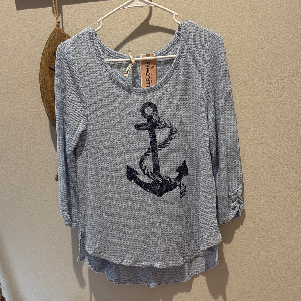 Wallflower Women's Light Blue Anchor Long Sleeve Top